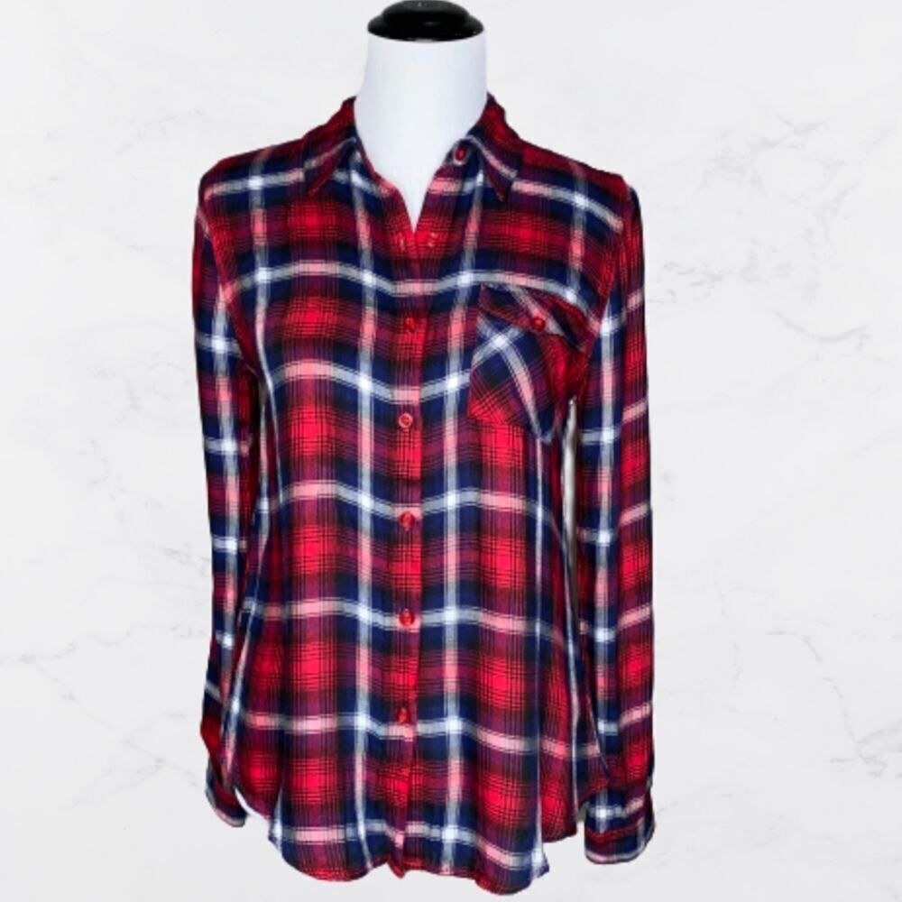 Miss Daisy Red/White/Navy Plaid Button Down Shirt Sz Small